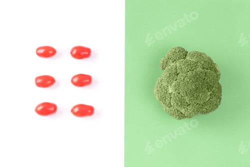 Preview: Creative layout made of cherry tomatoes and broccoli, flat lay, top view.