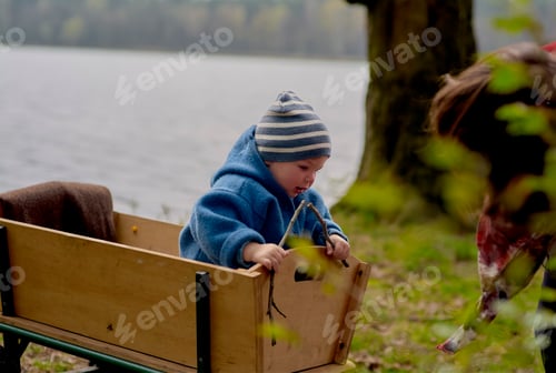 Preview: Toddler in a blue coat playing with a wooden wagon near a lake with trees in the background.