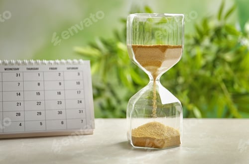 Preview: Hourglass and calendar on table against blurred background. Time management
