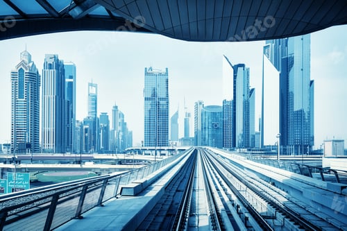 Preview: Futuristic Dubai skyline, blue color toning.