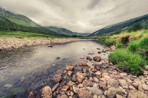 Preview: River and mountain and stones in a foggy day, Scotland