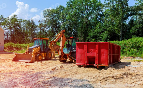Preview: Yellow Excavator at Construction new tractor excavators and garbage containers