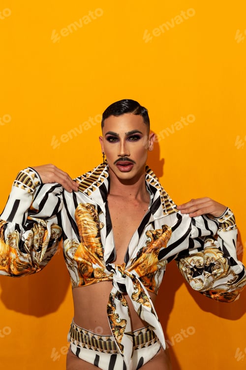 Preview: beautiful drag queen model with yellow background.