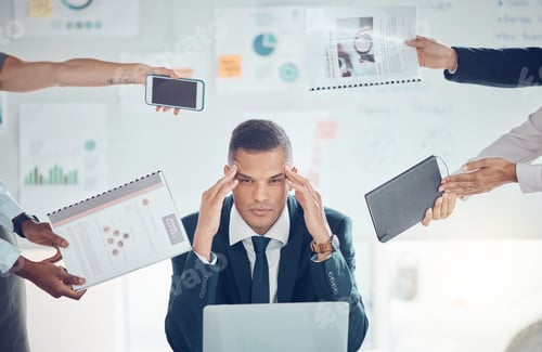 Preview: Stress, burnout and overworked with a business man suffering from a headache and feeling overwhelme
