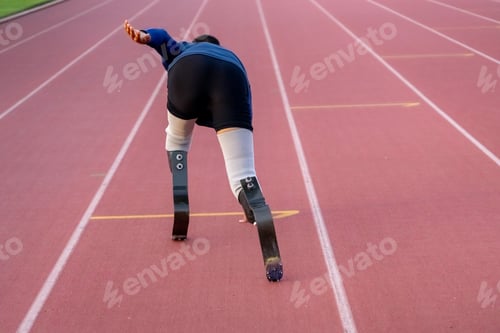 Preview: Asian para-athletes with prosthetic blades sprint on a running track at stadium.