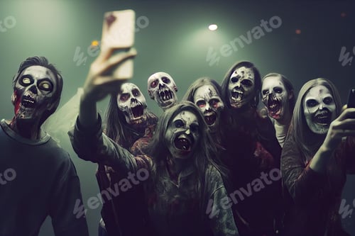 Preview: Drawing of zombies taking selfies during a Halloween party.