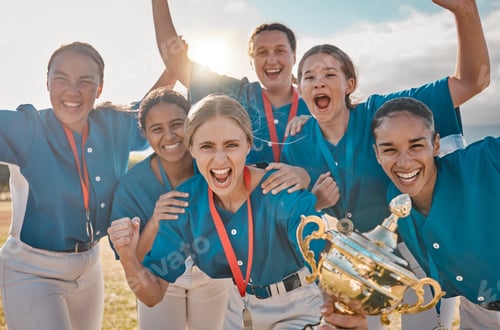 Preview: Women baseball team portrait, winning trophy celebration and sports success, champion and competiti