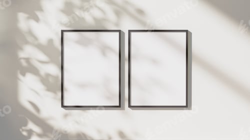 Preview: blank black vertical frames mock up with leaves shadows and sunlight on white wall background