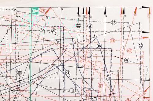 Preview: Vintage sewing pattern with red and black arrows on white paper, professional tailoring