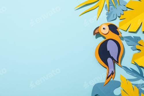 Preview: Yellow and blue tropical leaves in pastel shades on a blue background, with a parrot