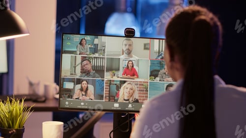 Preview: Business woman meeting with people on online teleconference call
