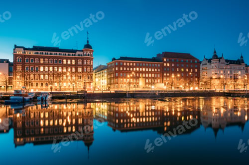 Preview: Helsinki, Finland. View Of Pohjoisranta Street In Evening Or Nig
