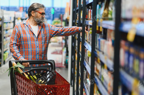 Preview: Senior man at grocery store products