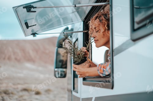 Preview: Happy travel summer holiday vacation with camper van vehicle concept lifestyle with pretty