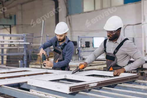 Preview: Factory workers assembling pvc windows and doors in production line