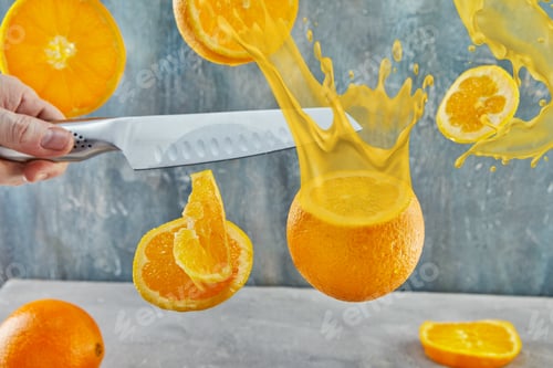 Preview: Freshly cut orange levitation. A knife cuts an orange.