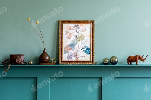 Preview: Stylish living room interior at apartment with mock up poster frame.
