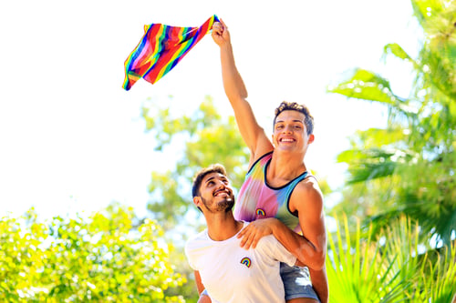 Preview: Happy gay couple spending time together in sunny day in green park