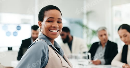 Preview: Office, meeting and face of business black woman with team for planning, startup and collaboration.