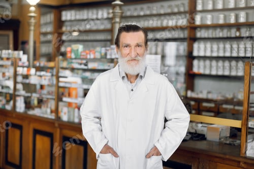 Preview: Portrait of handsome elderly male pharmacist, wearing white coat