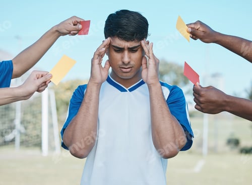 Preview: Hands, card and a man with headache from soccer, fitness stress and warning on the field. Sports, b