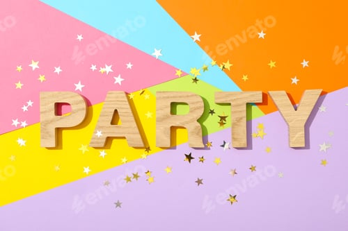 Visualização: Word Party forrada com letras de madeira sobre fundo multicolorido com glitter