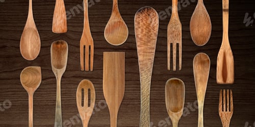 Preview: Wooden Cooking Utensils on Dark Wood Background