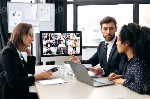 Preview: Group cooperation by video call. Business multiracial colleagues, discussing new project, generating