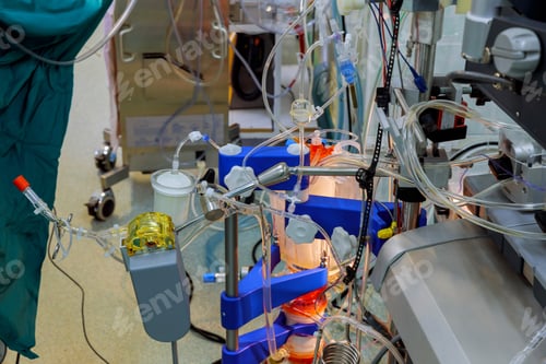 Preview: Cardiopulmonary bypass CPB machine connected and in use, also known as the Heart-Lung Machine