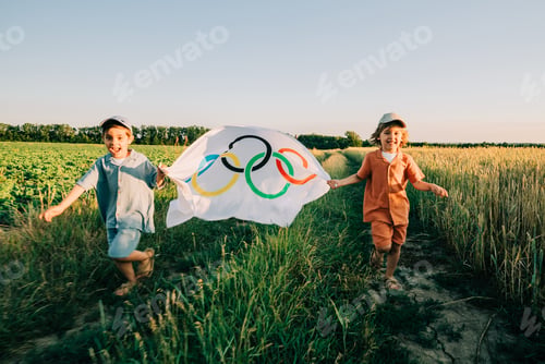 Preview: Paris, France - 18 May 2024: Little Boys, Sport Fan Kids Running With Olympics