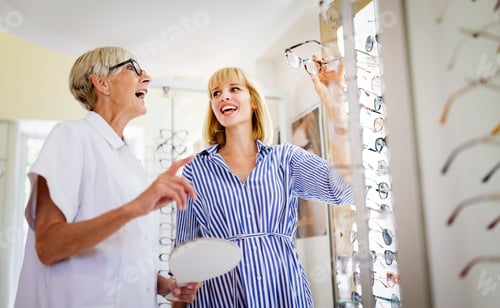 Preview: Health care, eyesight and vision concept. Happy woman choosing glasses at optics store