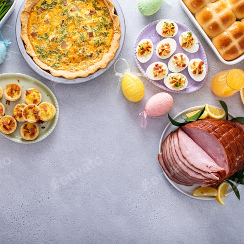 Preview: Easter brunch table with ham, quiche, hot cross buns