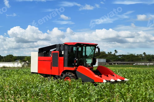 Preview: corn combine harvester tractor with robot automatic control grow and harvesting corn field farming.