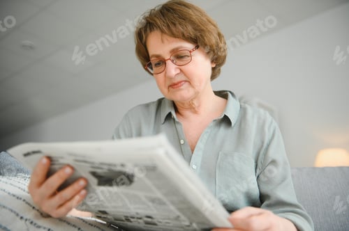 Preview: Older woman eelaxing and reading newspaper