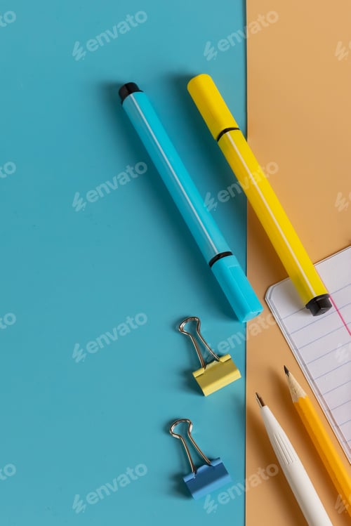 Preview: Back to school or education concept. Top view color paper, scissors, pencils paint and of various