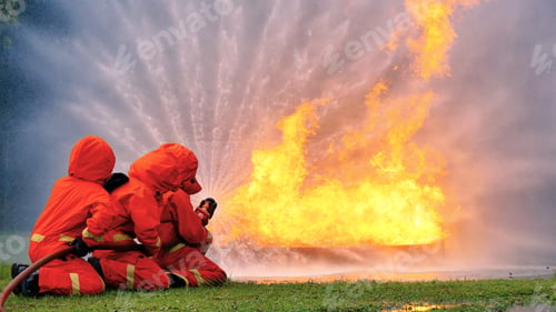 Preview: Firefighter fighting with flame using fire hose chemical water foam spray engine. Fireman hard hat