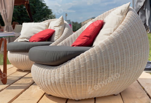 Preview: Soft armchairs with color pillows outdoors