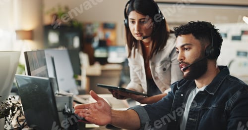 Preview: Advice, woman and man in tech support with headset, online help and website connection problem. Man