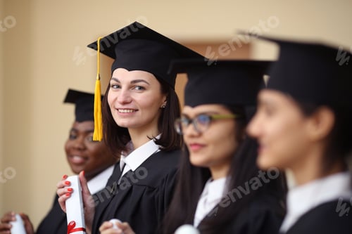 Preview: Group, students and diversity at college graduation, happiness for degree