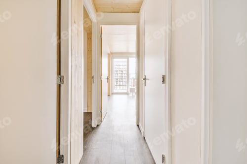 Preview: Narrow corridor with doors and lamp