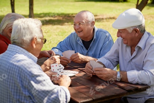 Preview: Active Seniors Group Of Old Friends Playing Cards At Park