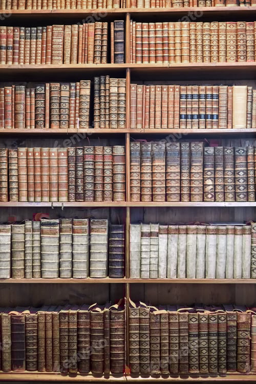 Preview: Old books in library museum on wooden shelves