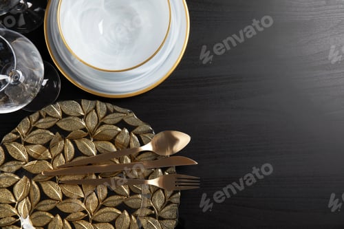 Preview: Elegant table setting and space for text on dark background, top view