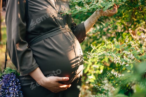 Preview: Pregnant woman sitting in the summer park outdoors.