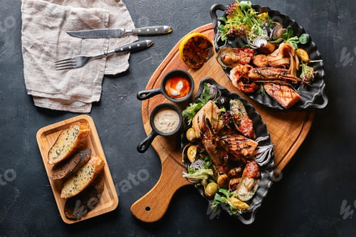 Preview: Assorted seafood on plates. Beautiful composition on a served seafood table, squid, shrimp, salmon