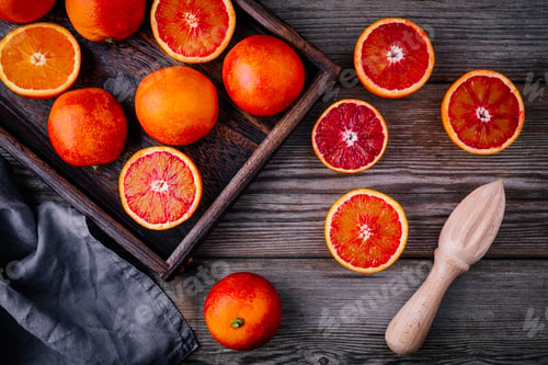Preview: Sliced and whole ripe juicy blood oranges and grapefruit in the box on wooden background.