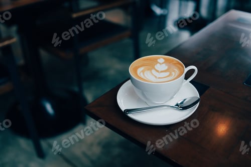 Preview: Cup of coffee on wooden table.