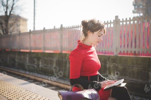 Preview: young beautiful red dressed vintage hipster woman
