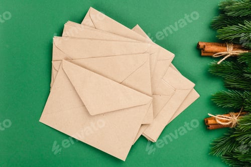 Preview: stack of craft envelopes on green isolated background - Christmas card