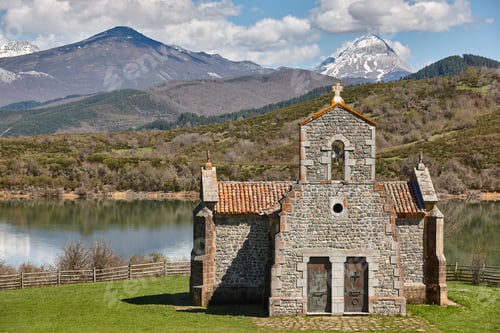 Preview: Picturesque chapel of Quintanilla in Riano mountain lake landscape. Spain